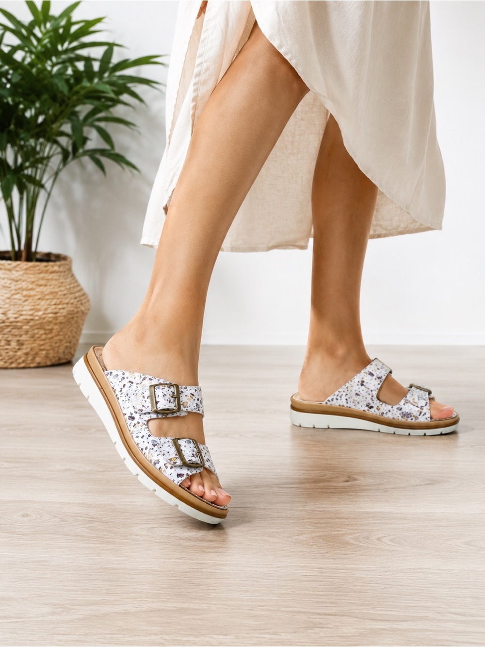Fidelio Sohle Glory Slide Sandal Bianco Brandy Cork Orthotic Comfort